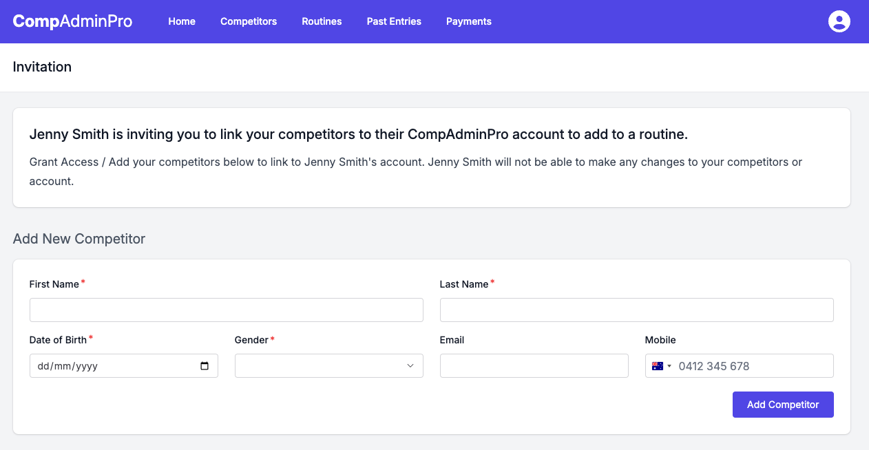 Invitation Page - Add Competitor Form