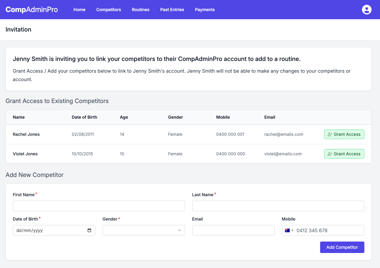 Invitation Page - Competitors List